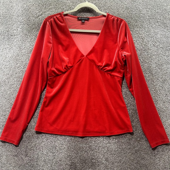 INC International Concepts Blouse Top Women Medium Red Velvet V Neck Long Sleeve - Picture 1 of 11
